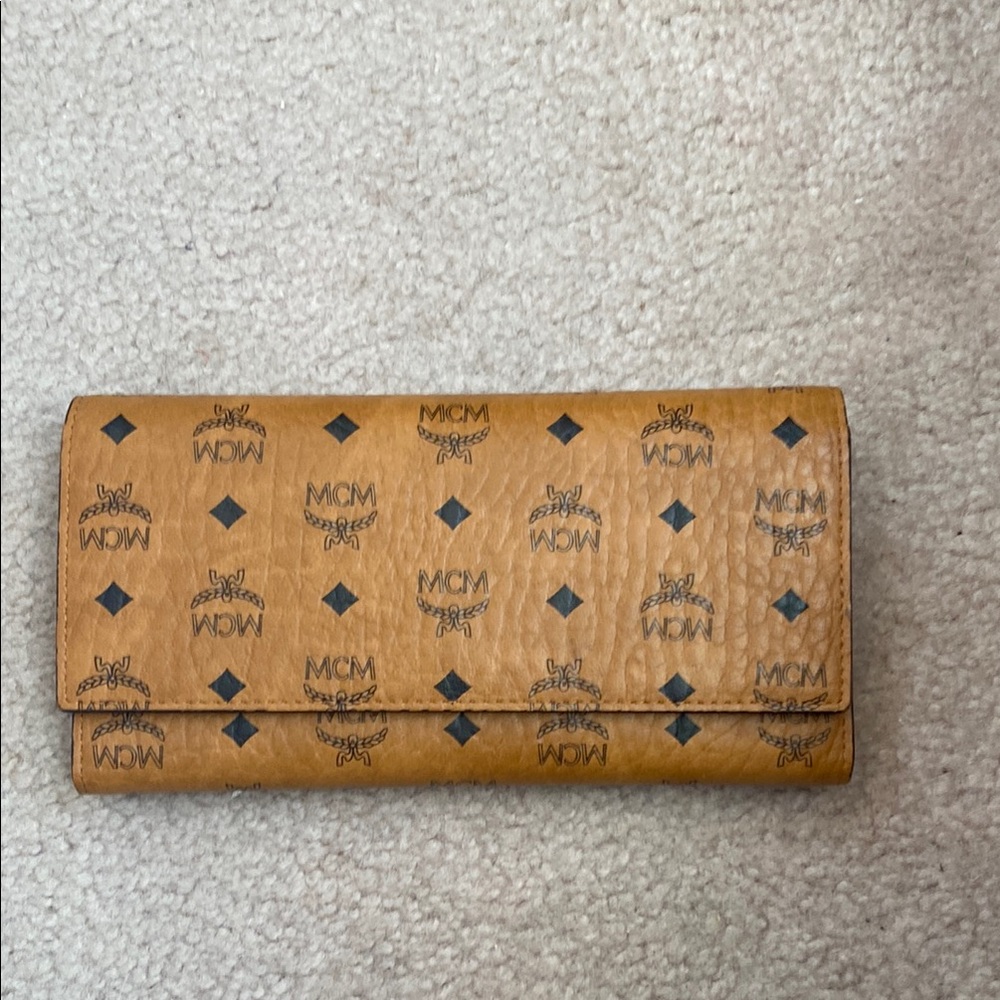MCM Tan Wallet with Logo Print